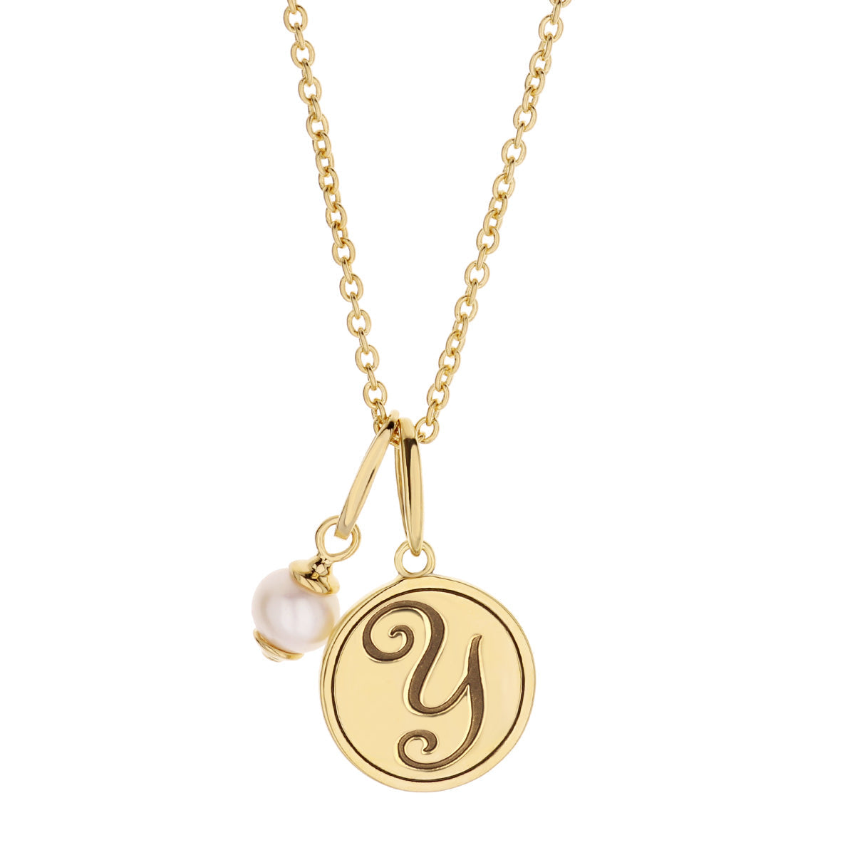 Initial T Necklace by Lauren G Adams with gold disc pendant and pearl charm on a gold chain on Tampa Home & Garden Store