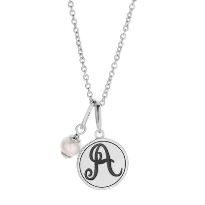 Initial T Necklace by Lauren G Adams with monogram charm and pink pearl accent on silver chain on Tampa Home & Garden Store