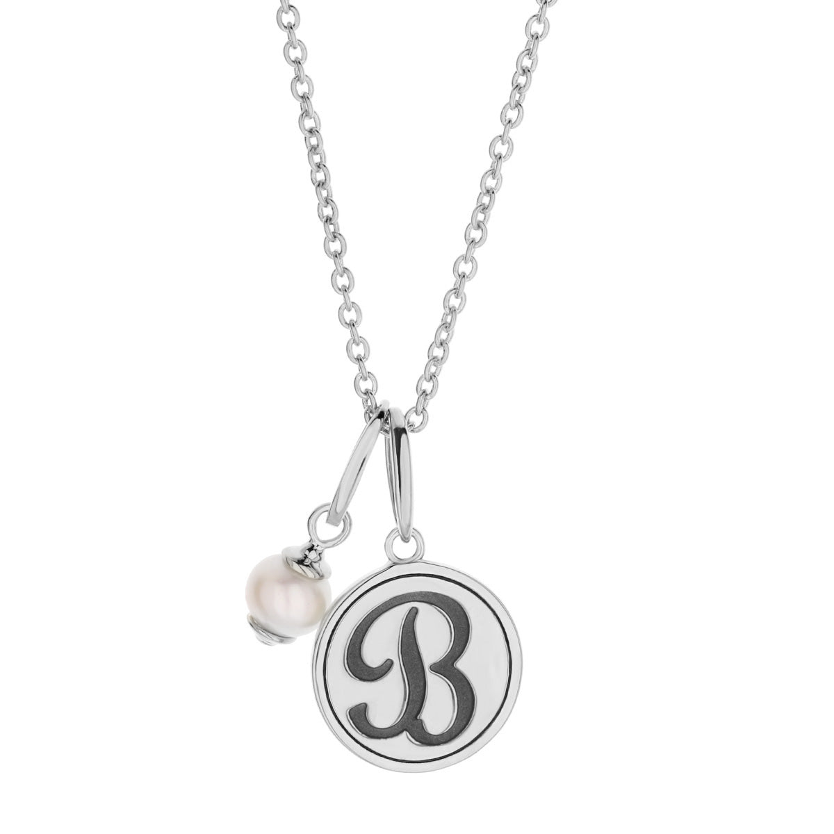 Initial T Necklace by Lauren G Adams, silver-tone chain with round pendant and pearl charm on Tampa Home & Garden Store