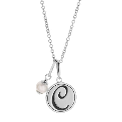 Initial T Necklace by Lauren G Adams, silver chain with round pendant and pearl charm on Tampa Home & Garden Store