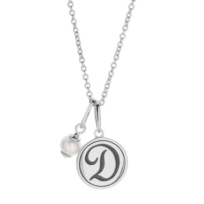Initial T Necklace: silver-tone chain with round pendant featuring a T initial and pearl charm on Tampa Home & Garden Store