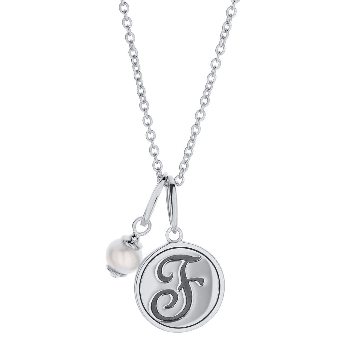 Initial T disc pendant necklace in silver-tone with pearl bead charm on chain on Tampa Home & Garden Store