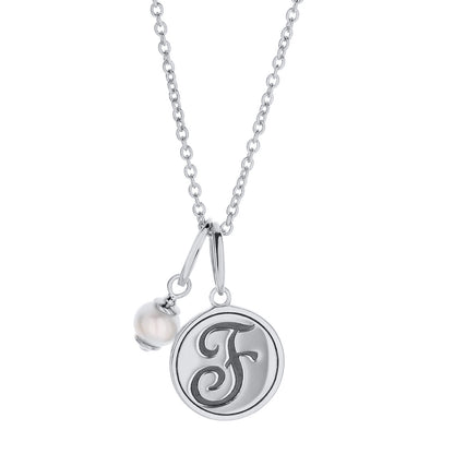 Initial T disc pendant necklace in silver-tone with pearl bead charm on chain on Tampa Home & Garden Store