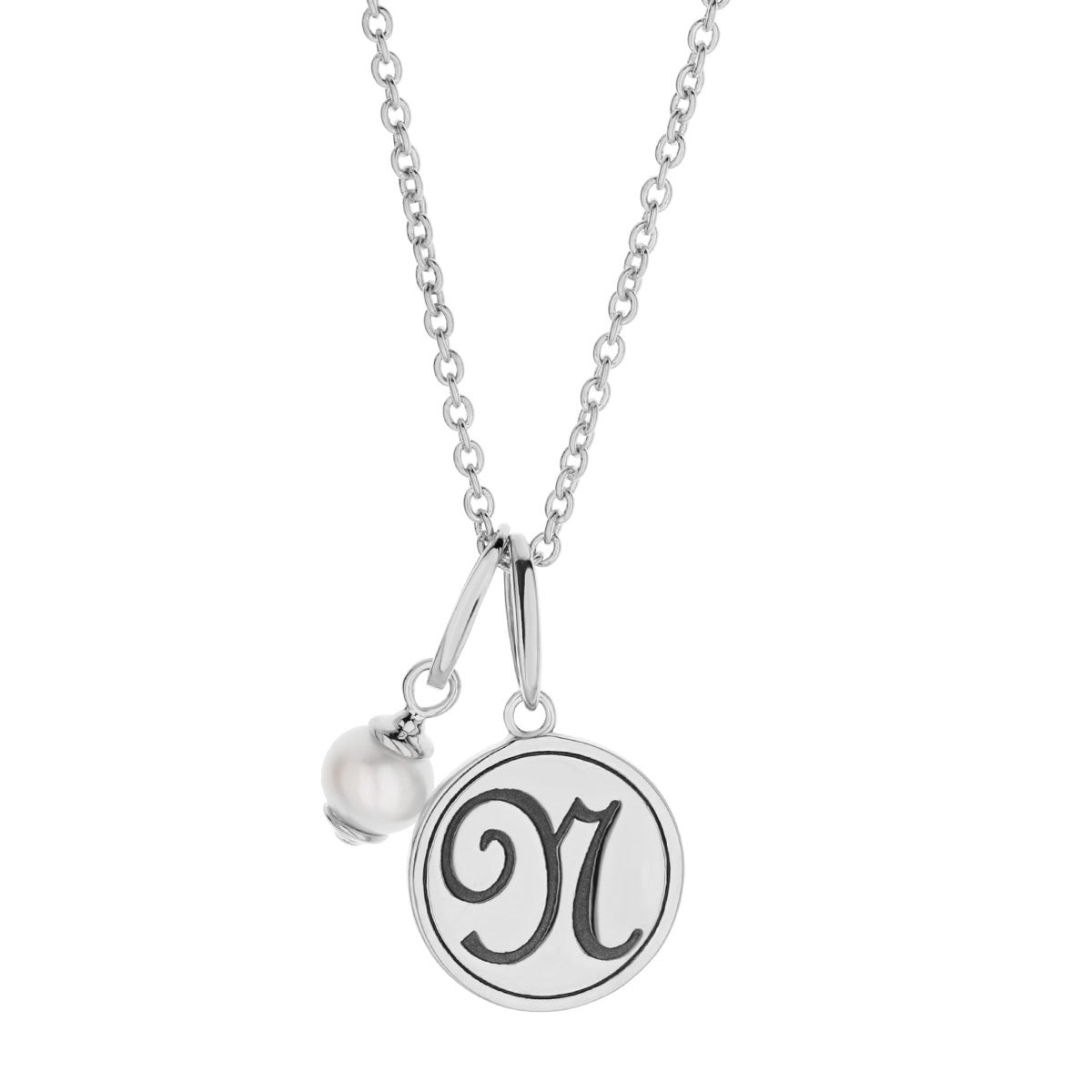 Initial T Necklace by Lauren G Adams silver chain round pendant scripted T pearl charm on Tampa Home & Garden Store