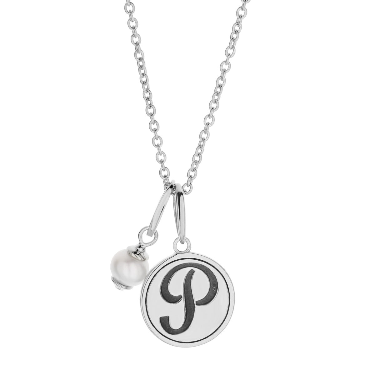 Initial T Necklace by Lauren G Adams, silver round pendant with black T and pearl charm on Tampa Home & Garden Store