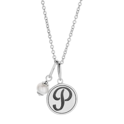 Initial T Necklace by Lauren G Adams, silver round pendant with black T and pearl charm on Tampa Home & Garden Store