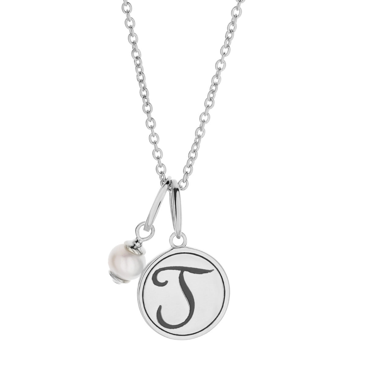 Initial T Necklace by Lauren G Adams - silver disk with T, pearl charm on silver chain on Tampa Home & Garden Store