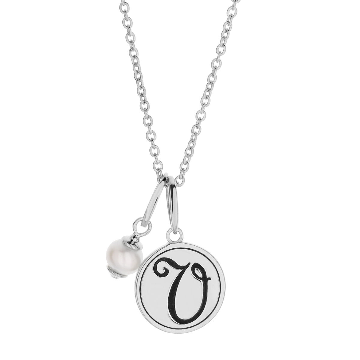Initial T Necklace by Lauren G Adams in silver with circular pendant and pearl charm on Tampa Home & Garden Store