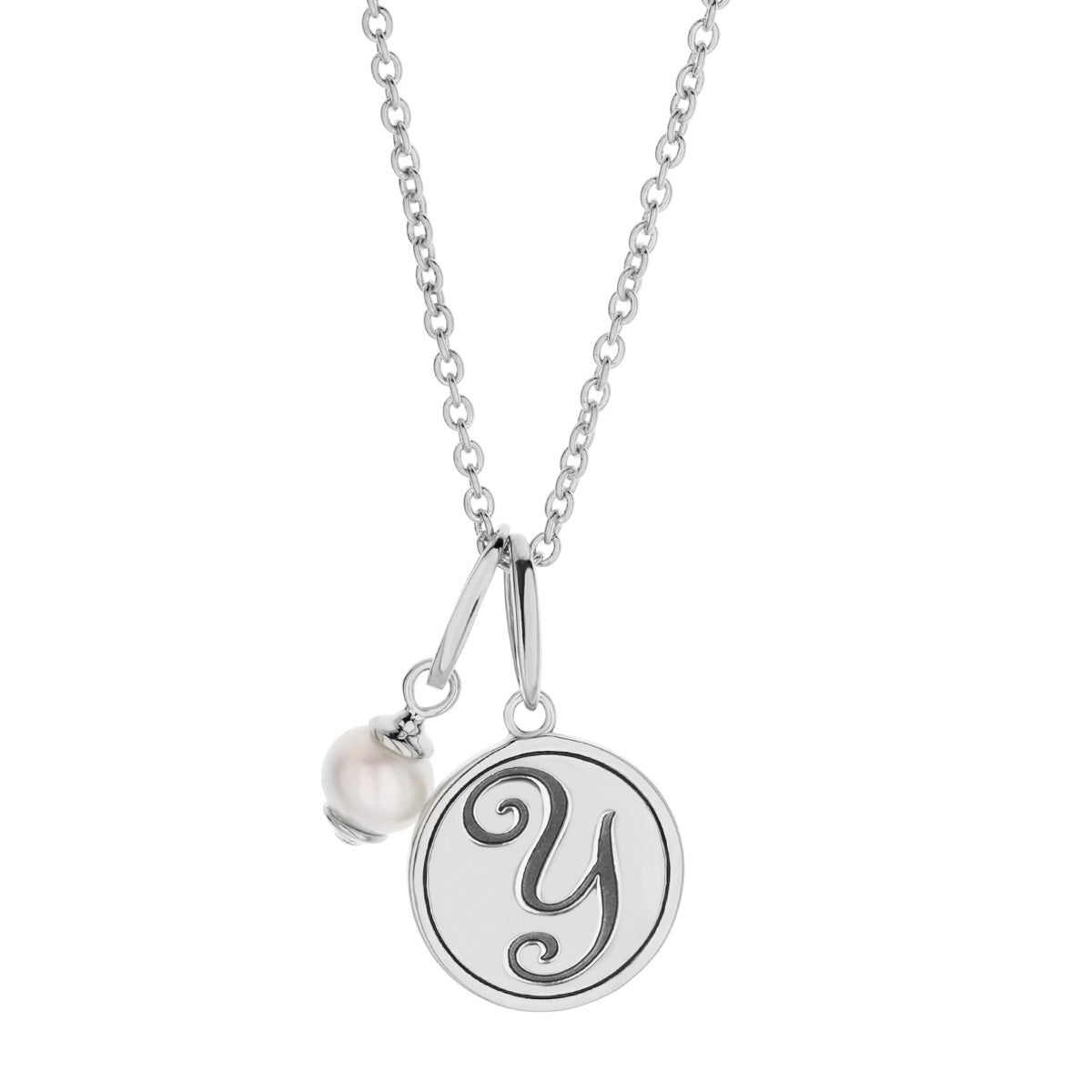 Initial T Necklace in silver with a round pendant featuring Y monogram and a dangling pearl on Tampa Home & Garden Store