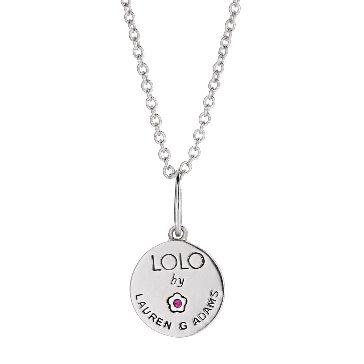 February Birthstone Necklace by Lauren G Adams, silver round pendant with pink gem on chain on Tampa Home & Garden Store