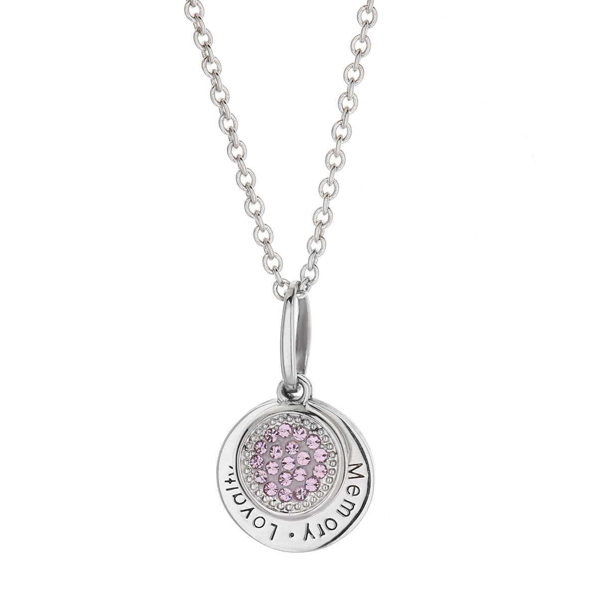 June Birthstone Necklace by Lauren G Adams silver circular pendant with pink crystals on chain on Tampa Home & Garden Store