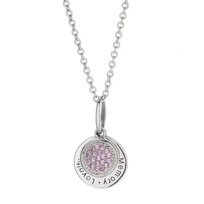 June Birthstone Necklace by Lauren G Adams silver circular pendant with pink crystals on chain on Tampa Home & Garden Store