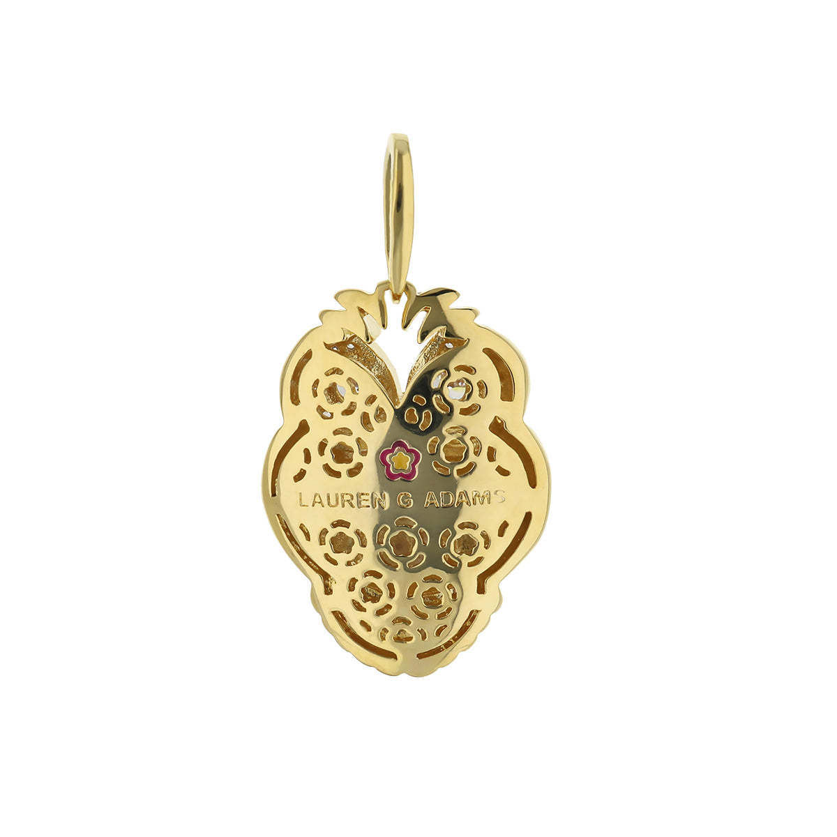 Gold Owl Charm Pendant with openwork patterns, pink flower accent, Lauren G Adams on Tampa Home & Garden Store