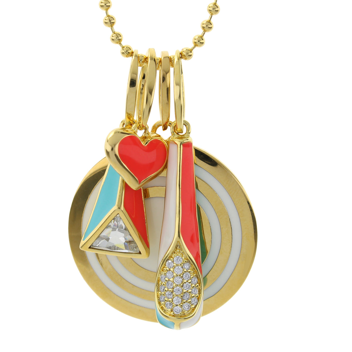 Petit Gateau Necklace Set pendant on gold chain with enamel heart and striped enamel charm on Tampa Home & Garden Store