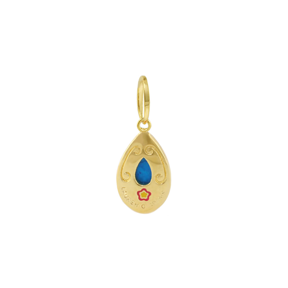 Gold Eau Drop pendant by Lauren G Adams with blue teardrop center and decorative swirls on Tampa Home & Garden Store