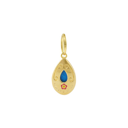 Gold Eau Drop pendant by Lauren G Adams with blue teardrop center and decorative swirls on Tampa Home & Garden Store