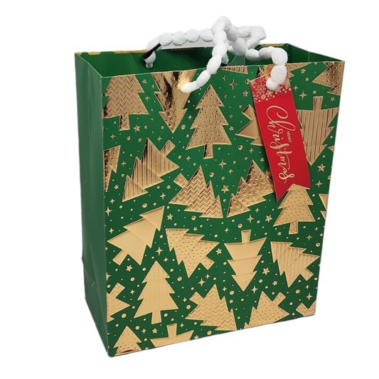 Trees On Green Gift Bag with gold foil Christmas trees and red gift tag by The Country Christmas Loft on Tampa Home & Garden Store