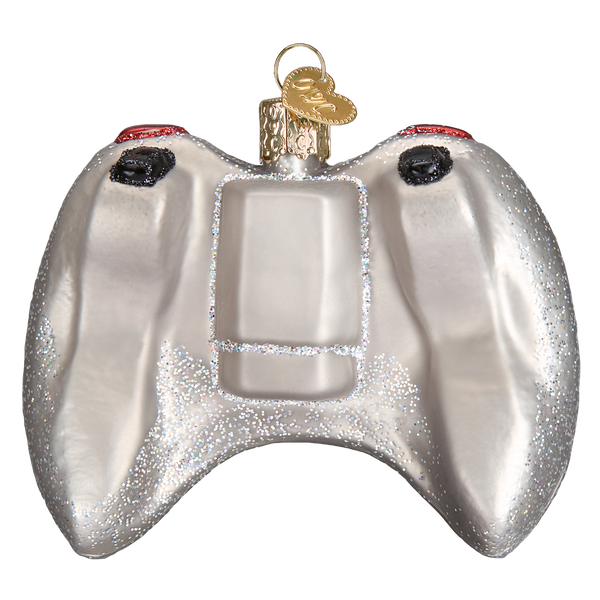 Video game controller ornament, silver glass with glitter accents, The Country Christmas Loft on Tampa Home & Garden Store