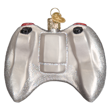 Video game controller ornament, silver glass with glitter accents, The Country Christmas Loft on Tampa Home & Garden Store