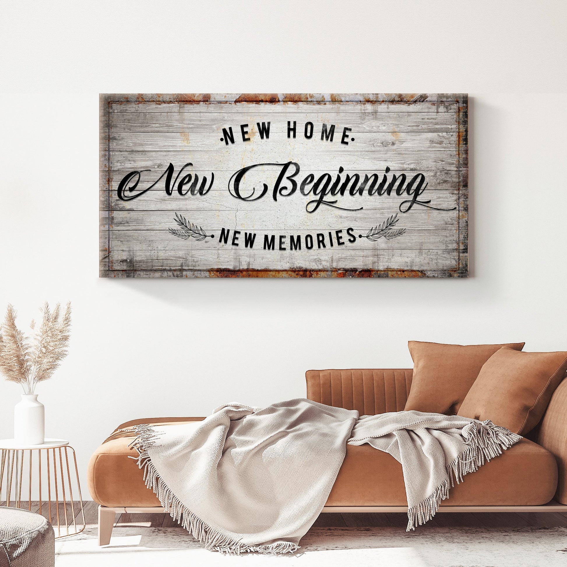 New Home New Beginning sign canvas on rustic weathered wood backdrop Tailored Canvases on Tampa Home & Garden Store