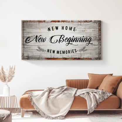 New Home New Beginning sign canvas on rustic weathered wood backdrop Tailored Canvases on Tampa Home & Garden Store