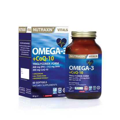 Nutraxin Omega-3 + CoQ-10 dietary supplement bottle and box, blue label, 60 softgels on Tampa Home & Garden Store