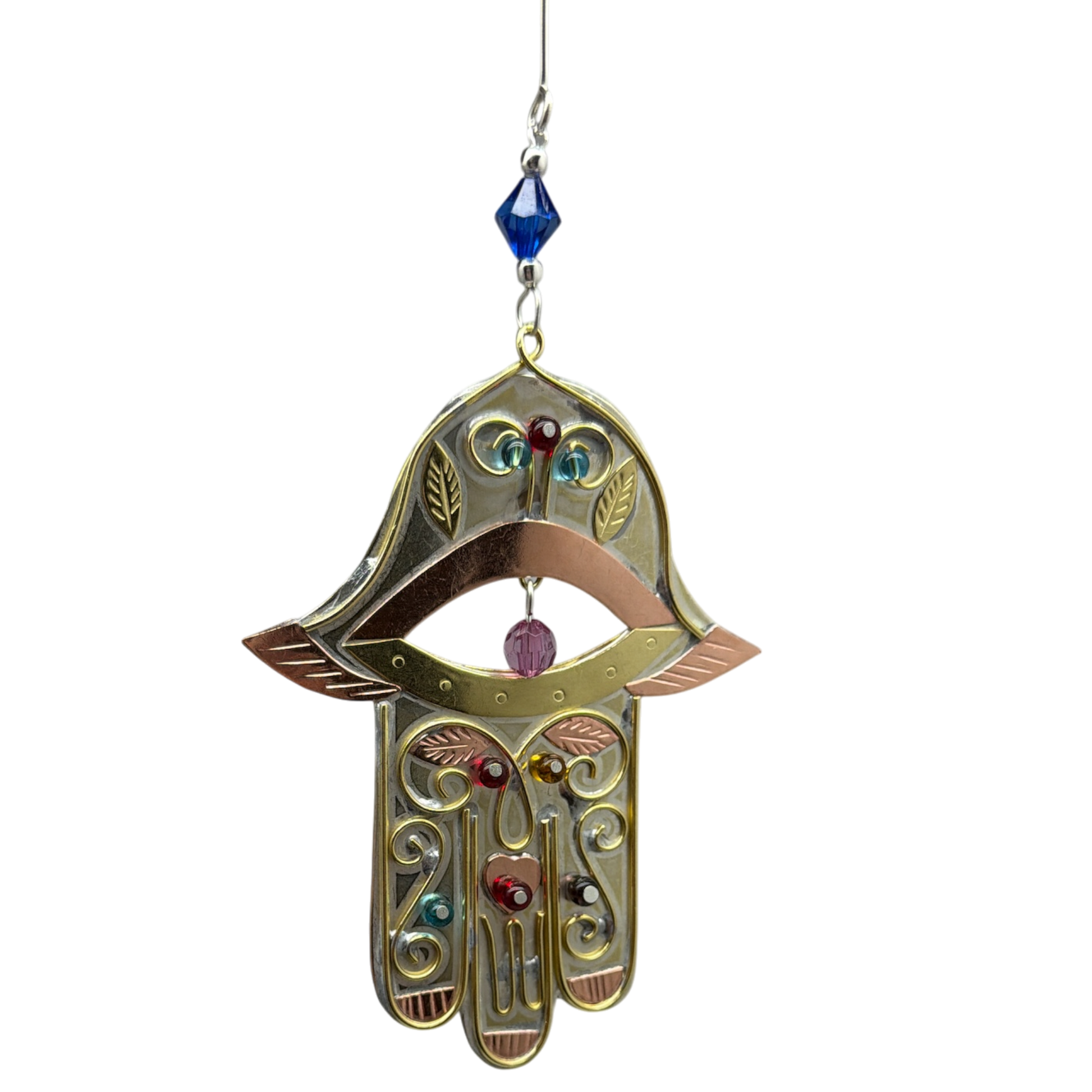 Peaceful Hamsa Ornament in nickel copper brass finish with blue crystal bead chain on Tampa Home & Garden Store