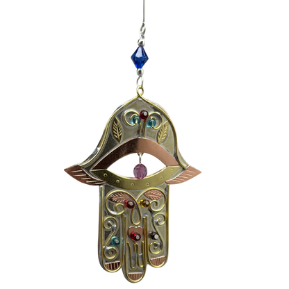Peaceful Hamsa Ornament in nickel copper brass finish with blue crystal bead chain on Tampa Home & Garden Store