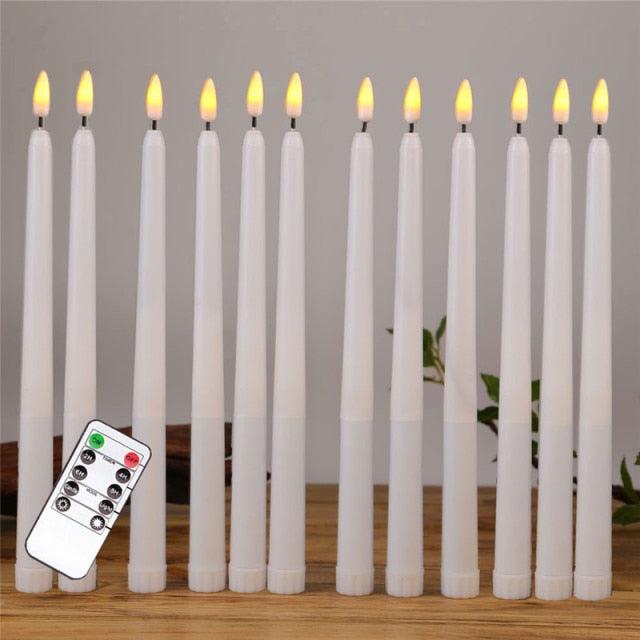 Stevvex 12-pack ivory plastic flameless taper candles with remote LED flicker on Tampa Home & Garden Store