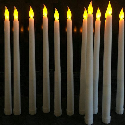 12-pack white plastic flameless LED taper candles with warm flickering yellow flames on Tampa Home & Garden Store