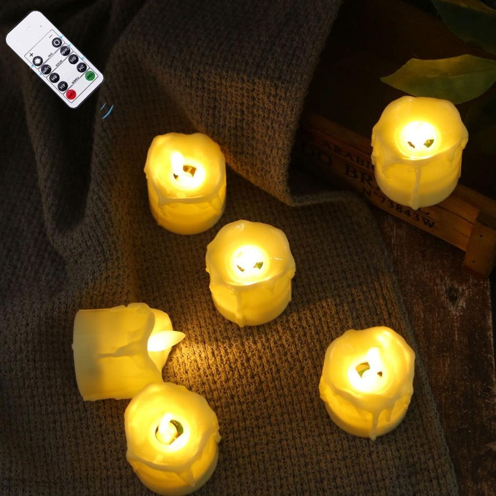 Flameless LED tea lights six-pack by Stevvex with remote control, warm yellow flicker on Tampa Home & Garden Store