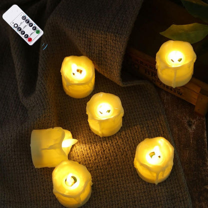 Flameless LED tea lights six-pack by Stevvex with remote control, warm yellow flicker on Tampa Home & Garden Store
