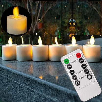 Stevvex white flameless LED tea lights with remote, pack of 6 or 12, realistic flicker on Tampa Home & Garden Store