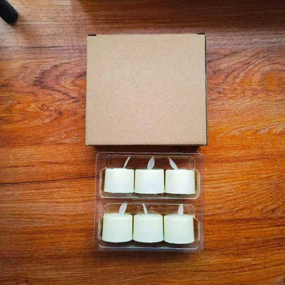 Six white Stevvex flameless LED tea lights in a clear plastic tray on Tampa Home & Garden Store