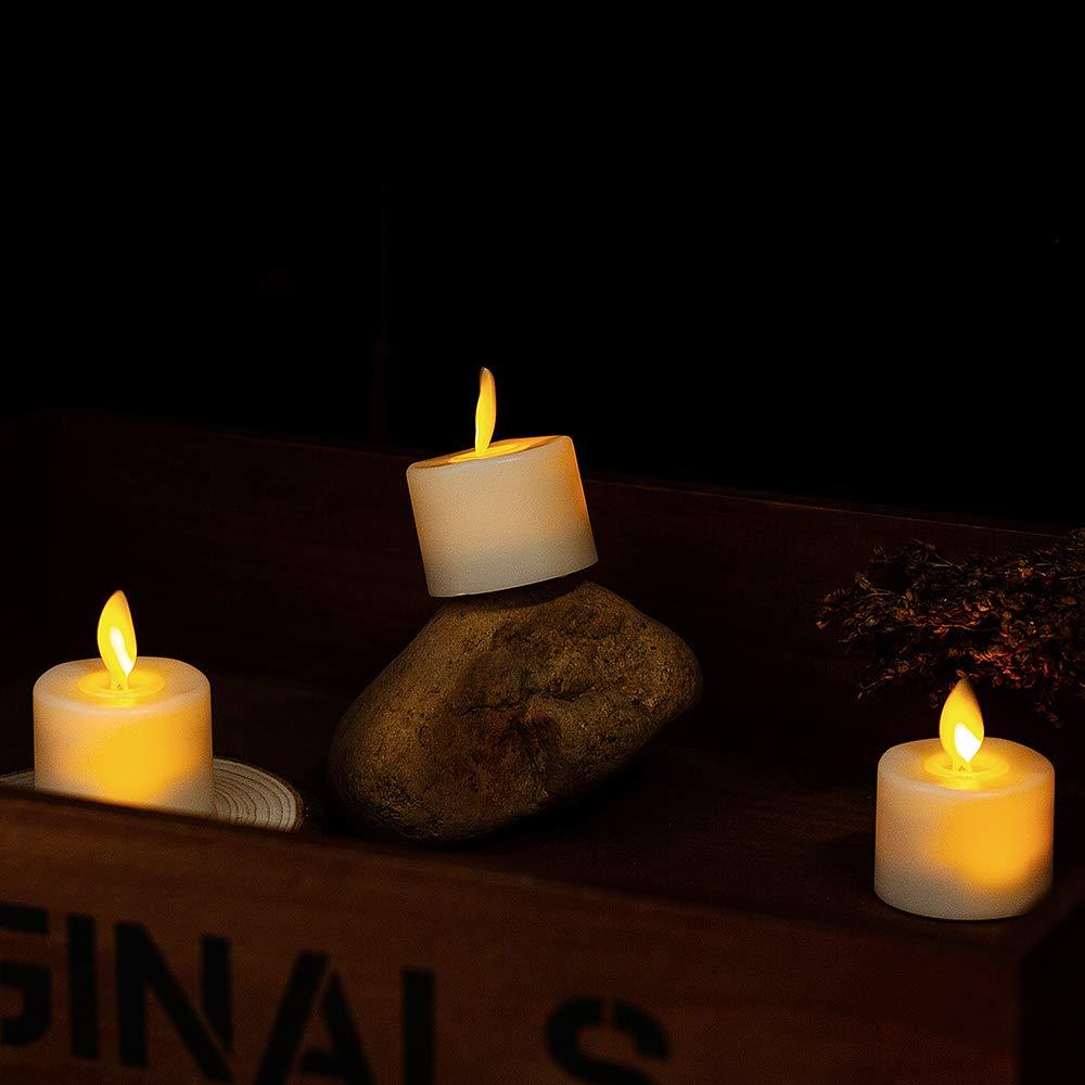 Stevvex flameless LED tea lights, 3pc, warm flicker, white battery candles on rock display on Tampa Home & Garden Store