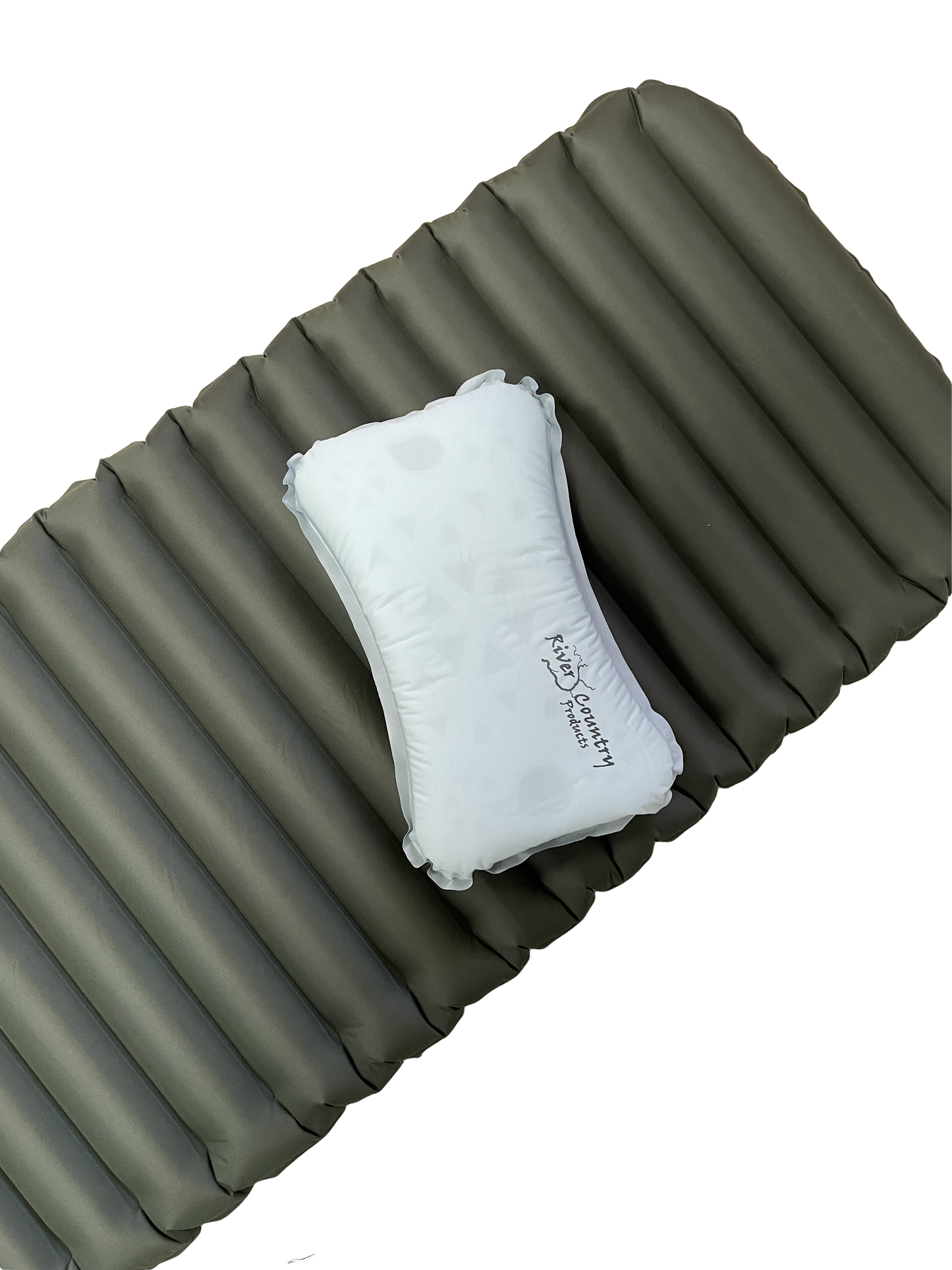 Insulated sleeping pad with olive-green ribbed surface and gray pillow by River Country Gear on Tampa Home & Garden Store