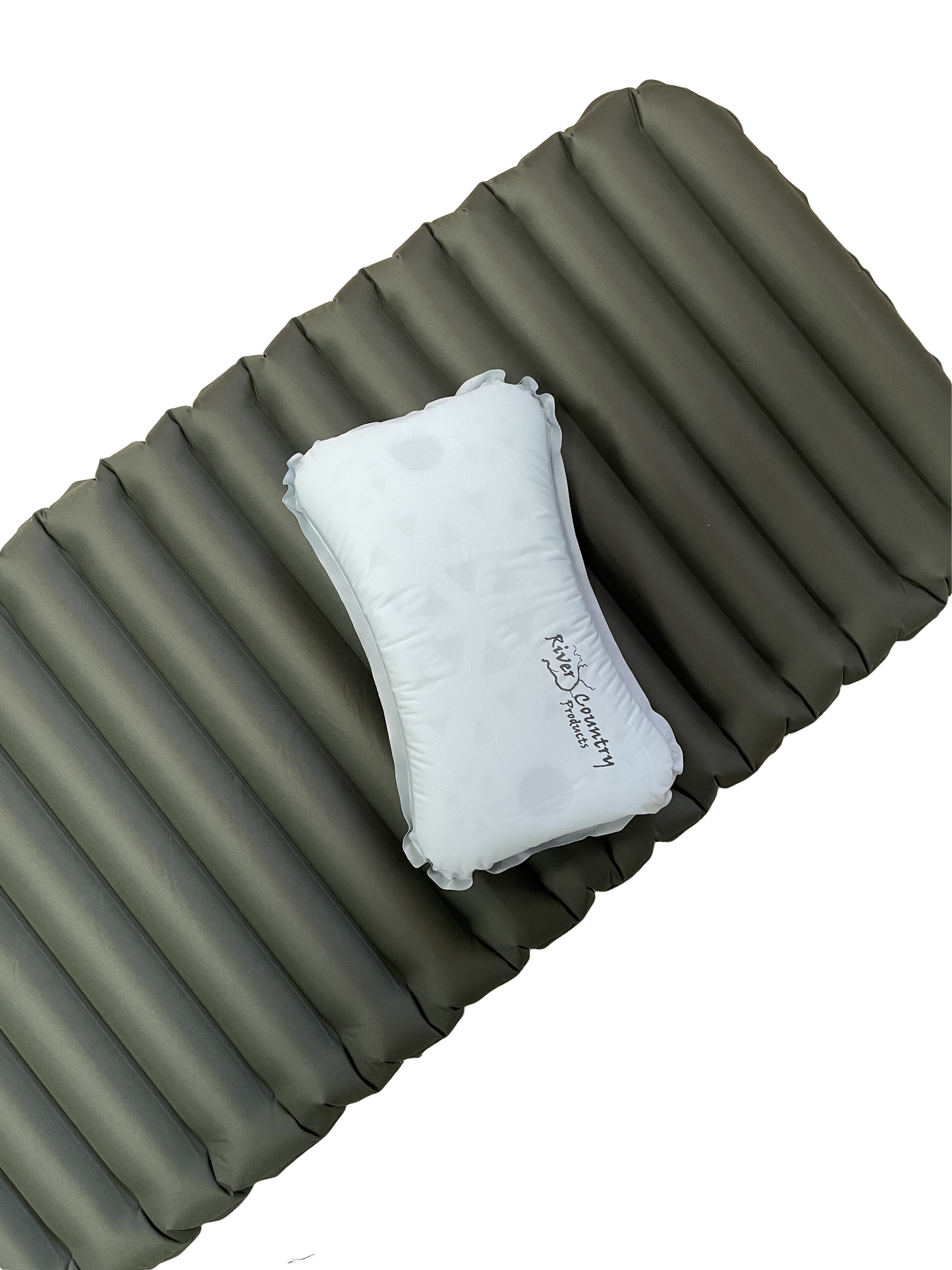 Insulated sleeping pad with olive-green ribbed surface and gray pillow by River Country Gear on Tampa Home & Garden Store
