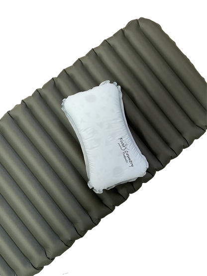 Insulated sleeping pad with olive-green ribbed surface and gray pillow by River Country Gear on Tampa Home & Garden Store