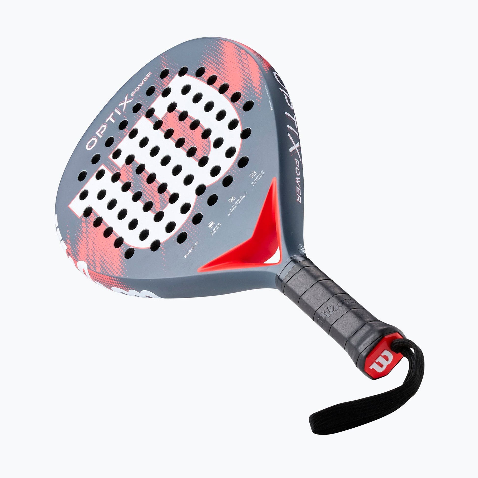 Wilson Optix V2 Power Red 2026 padel racket head grey with red accents and perforated face on Tampa Home & Garden Store