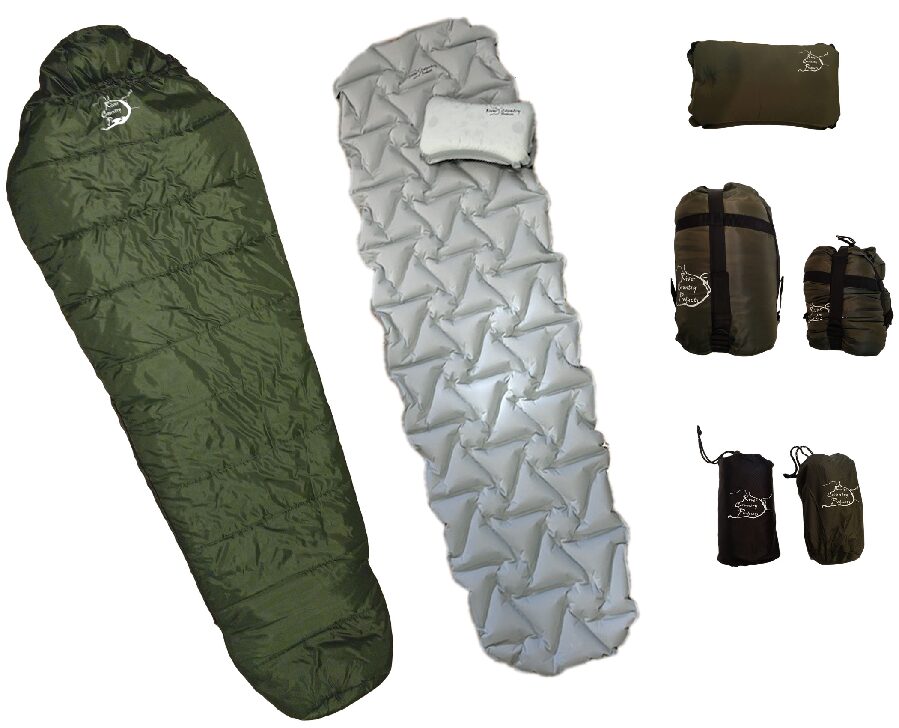 Sleeping bag sleeping pad pillow combo set River Country Gear green bag and gray pad with sacks on Tampa Home & Garden Store