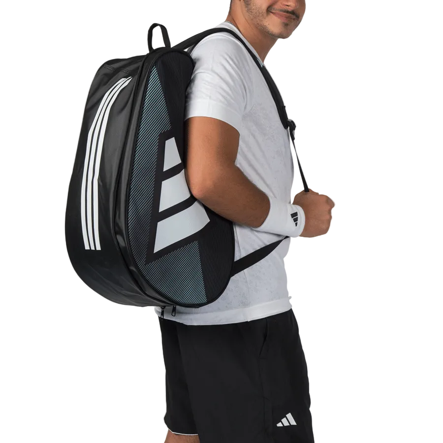 Adidas Padel Racket Bag Control 26 black backpack with white stripes and logo on shoulder on Tampa Home & Garden Store