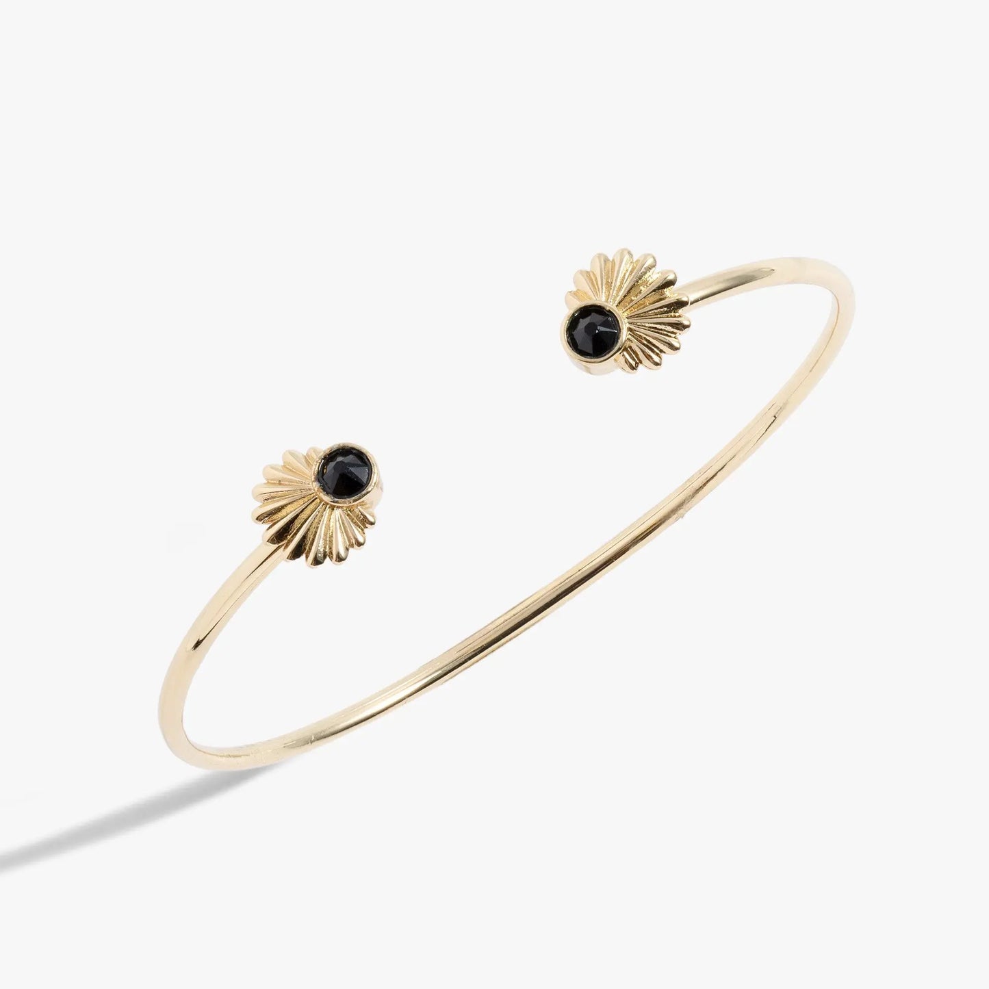 Palm Flex Cuff bracelet by ALEX AND ANI, gold-tone cuff with floral endcaps and black stones on Tampa Home & Garden Store