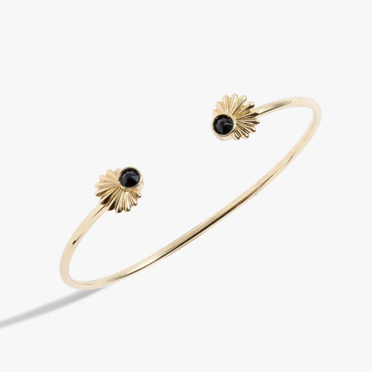 Palm Flex Cuff bracelet by ALEX AND ANI, gold-tone cuff with floral endcaps and black stones on Tampa Home & Garden Store