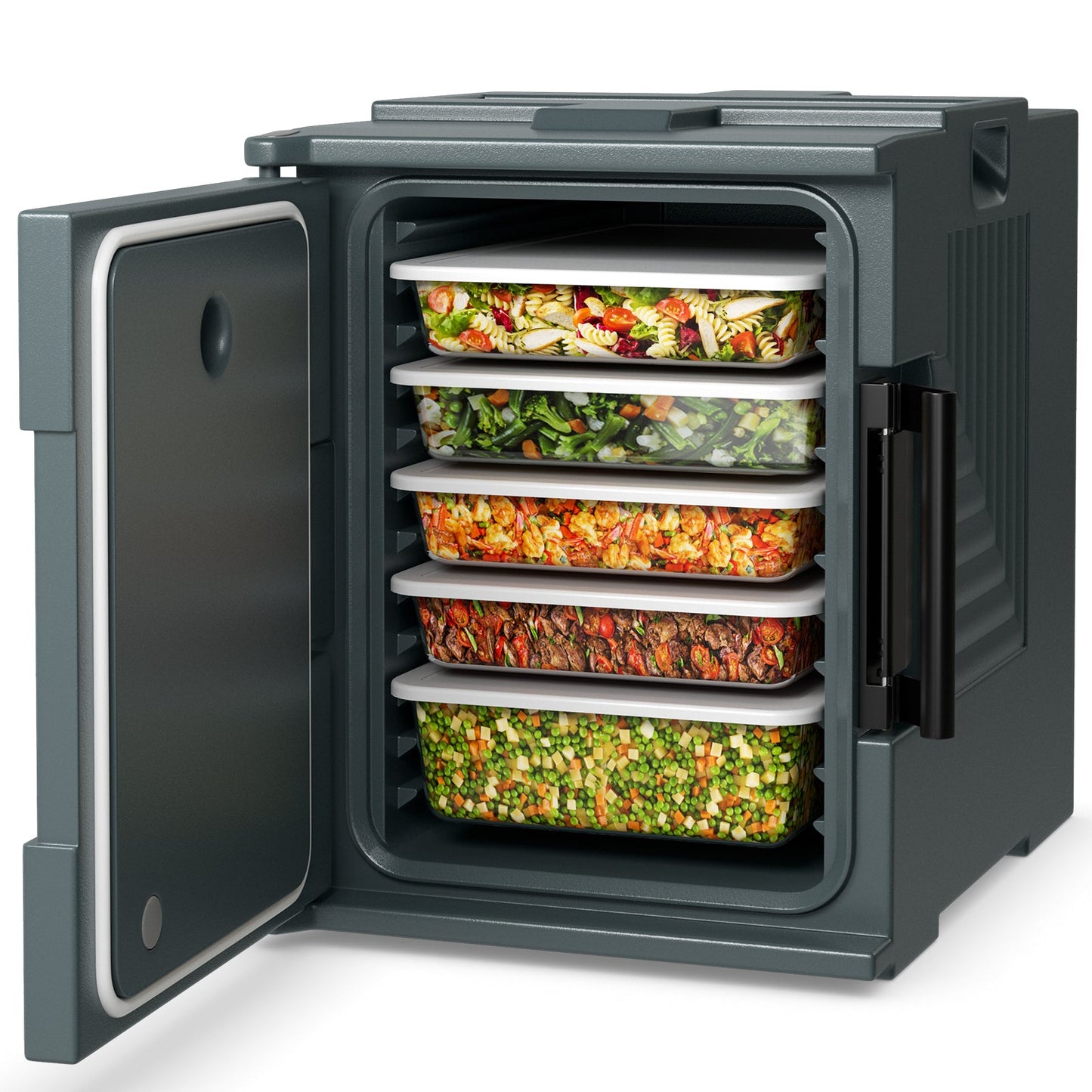 Contenedor isotérmico de carga frontal para alimentos calientes y fríos