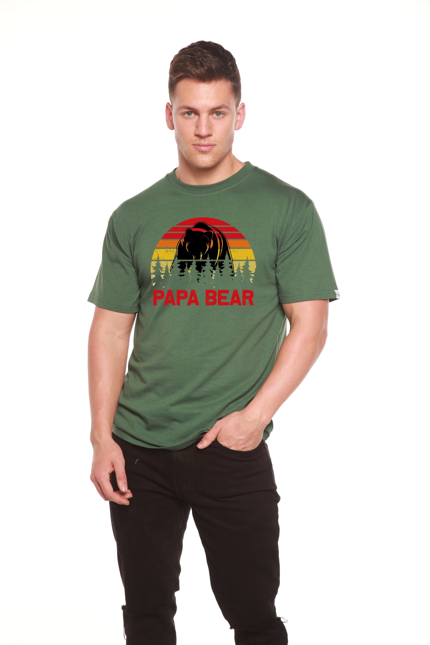 Papa Bear men's olive short sleeve tee with bear sunset graphic on bamboo viscose/organic cotton on Tampa Home & Garden Store