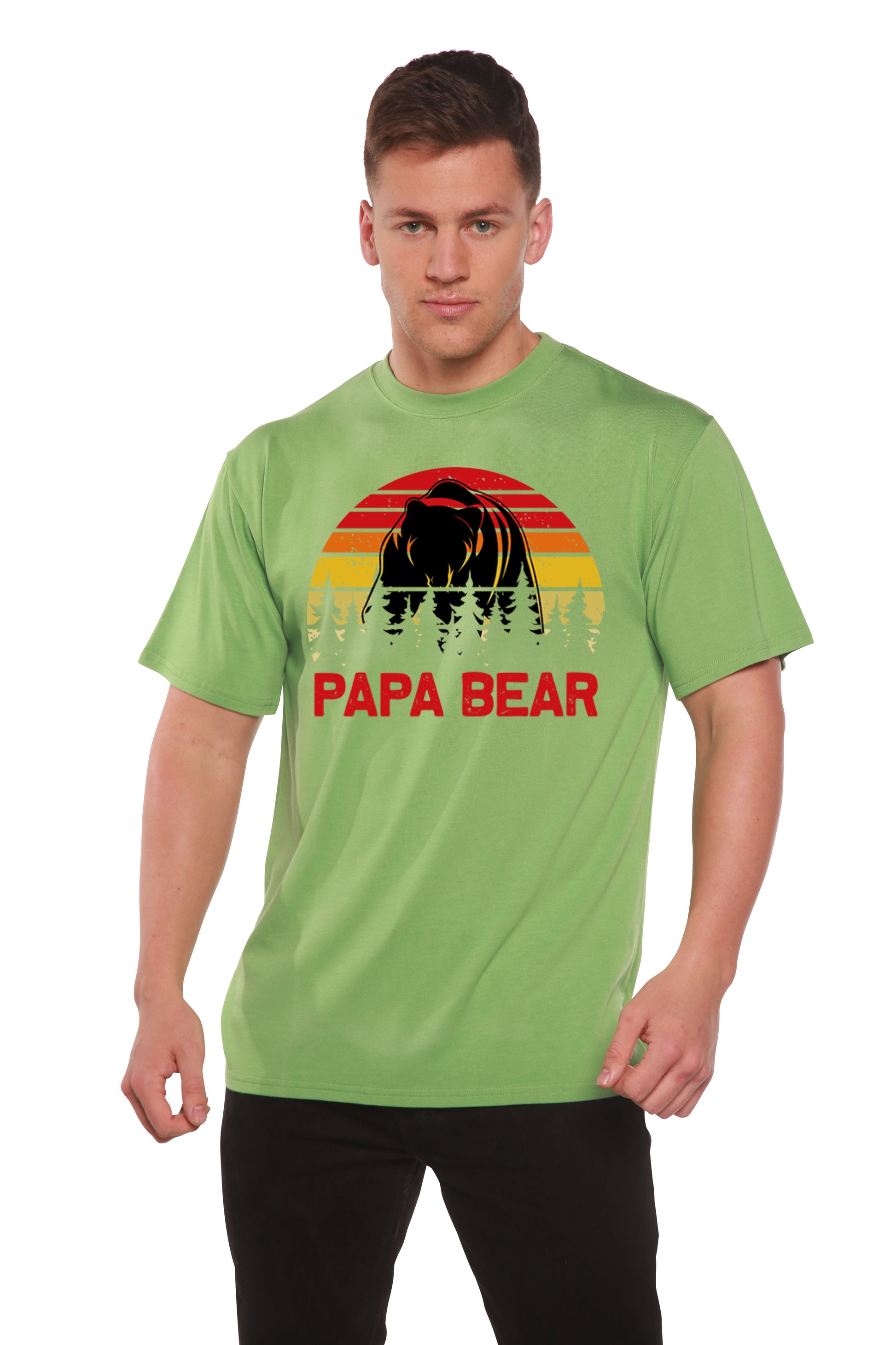 Papa Bear men's bamboo tee in lime green with bear silhouette and sunset on Tampa Home & Garden Store