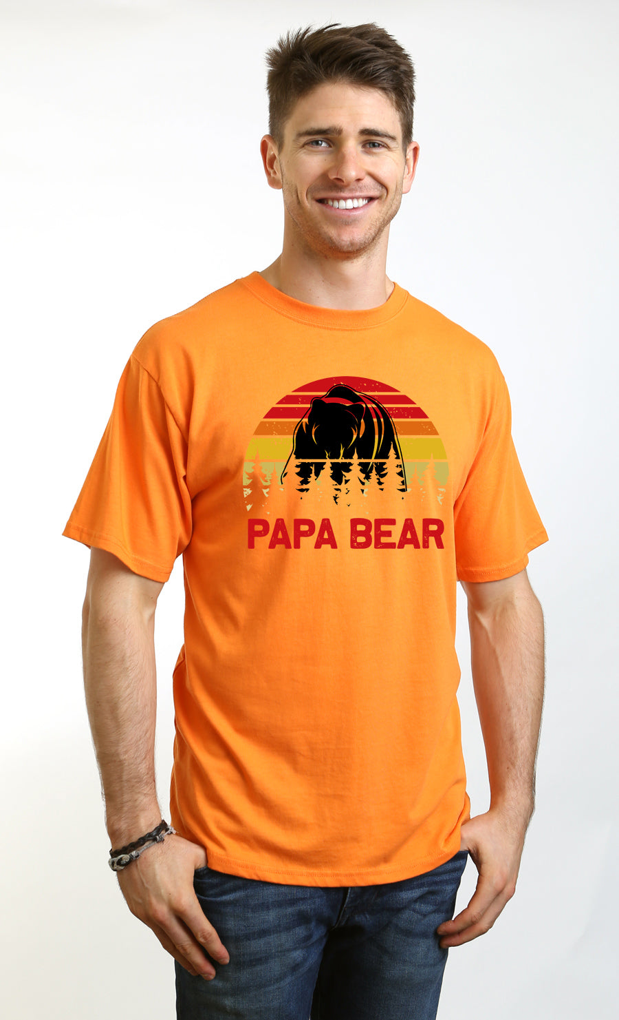 Papa Bear men's graphic tee orange bear silhouette over sunset Spun Bamboo short-sleeve on Tampa Home & Garden Store