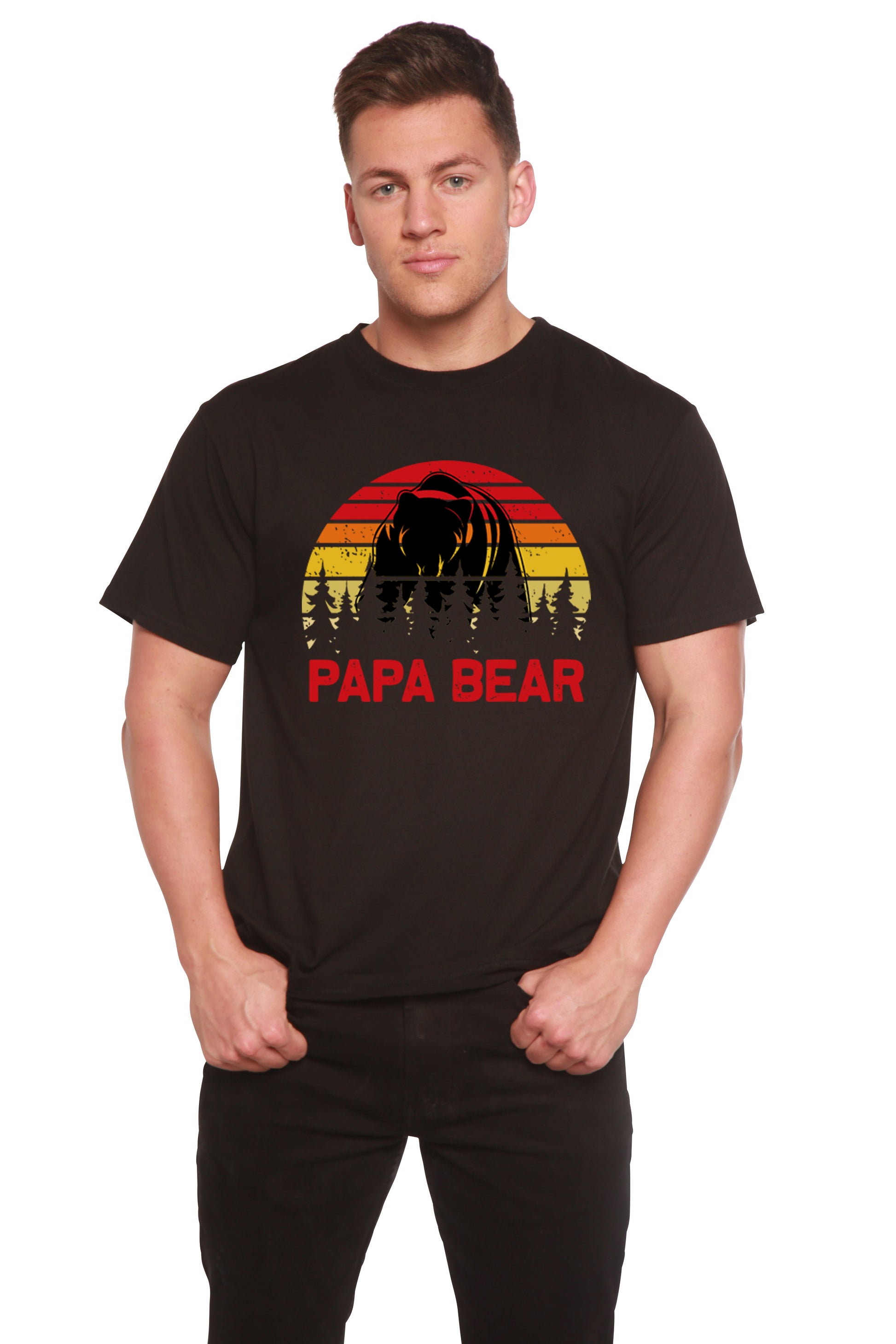 Papa Bear graphic tee, black, bamboo viscose/organic cotton by Spun Bamboo with sunset bear on Tampa Home & Garden Store