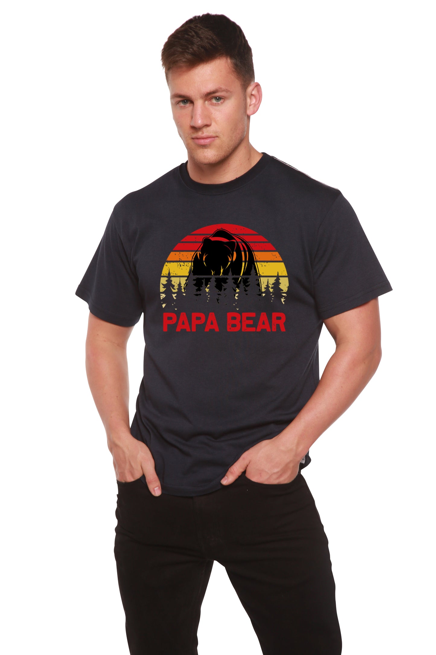 Papa Bear men's bamboo T-shirt with bear silhouette and sunset graphic on Tampa Home & Garden Store