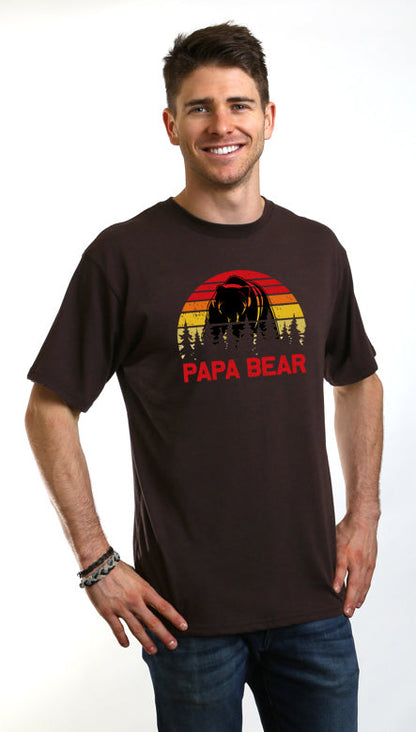 Papa Bear men's bamboo tee in brown with red PAPA BEAR text and sunset bear silhouette on Tampa Home & Garden Store